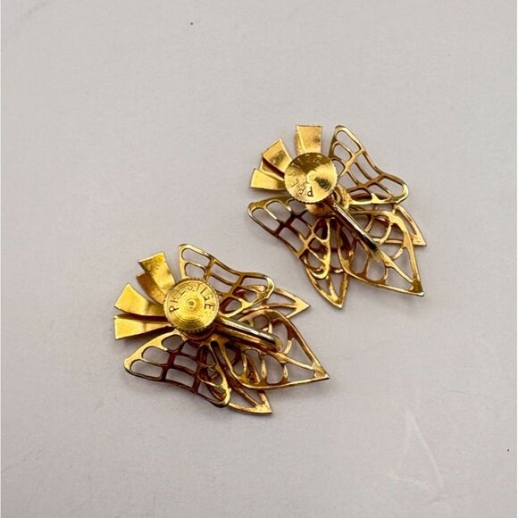 Prestige Blue Rhinestone Gold Tone Earrings Bow Screw Back Ornate Filagree Vtg - Picture 2 of 7